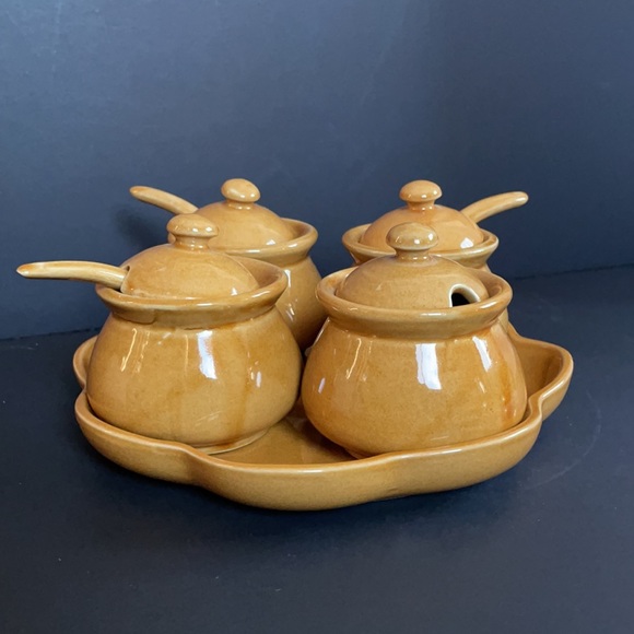 Vintage Ceramic Condiment Salsa Set Tray Jars Spoons - Picture 4 of 15